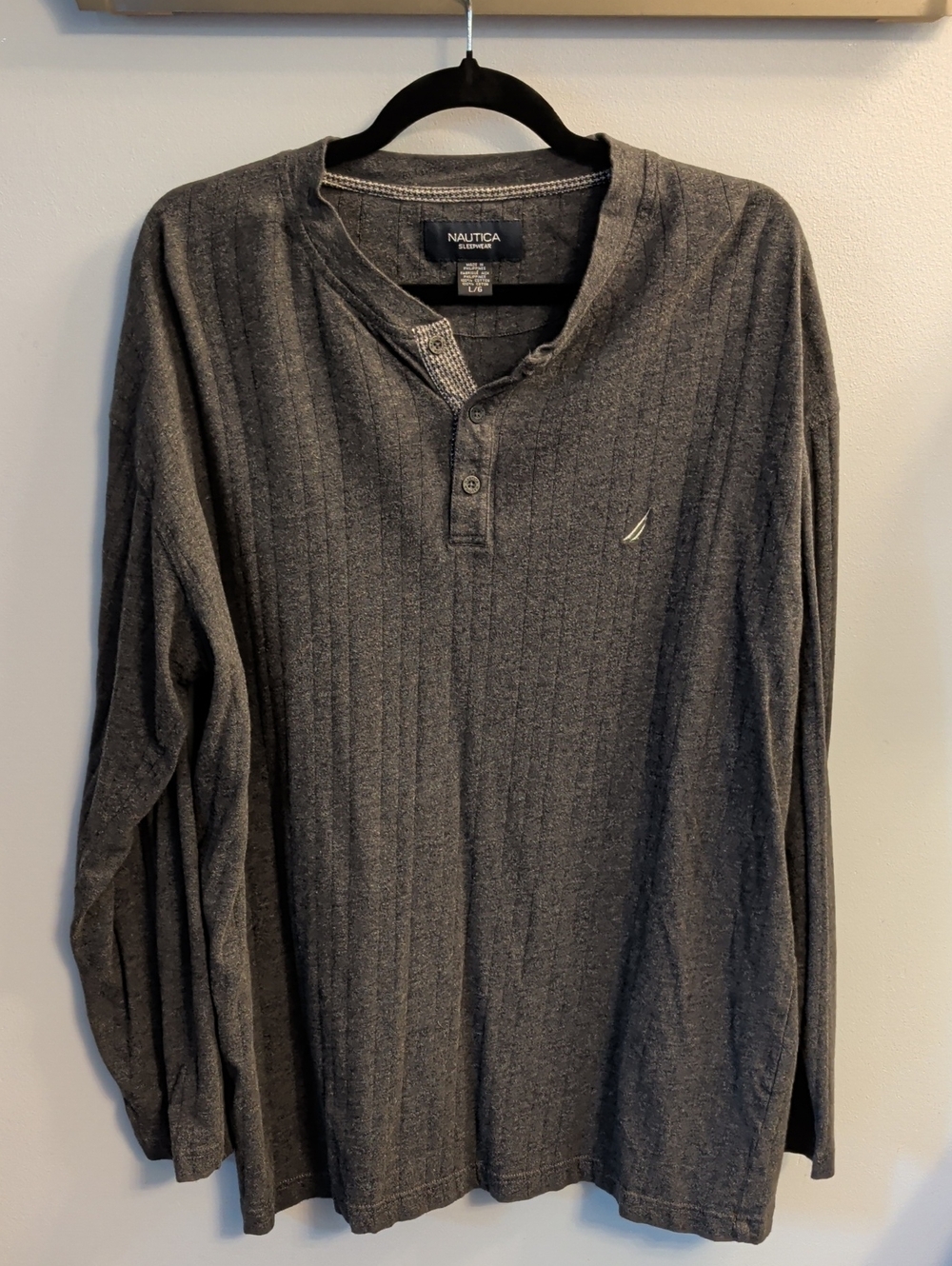 🍉Nautica Men's Charcoal Ribbed Henley Long Sleeve Sleepwear Shirt